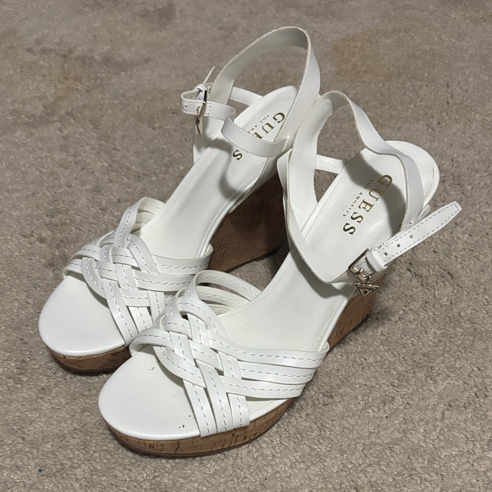 Guess White Strappy Wedge Sandals